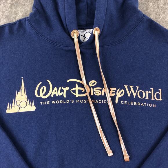 Disney‎ World 50 YEARS Hoodie Womans Medium Blue Rose Gold Cropped Drawstring - Picture 8 of 16